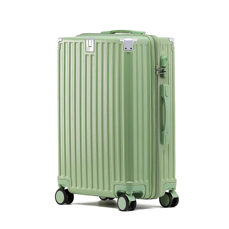 Hard-shell aluminium frame suitcase in avocado green with USB port and universal wheels.