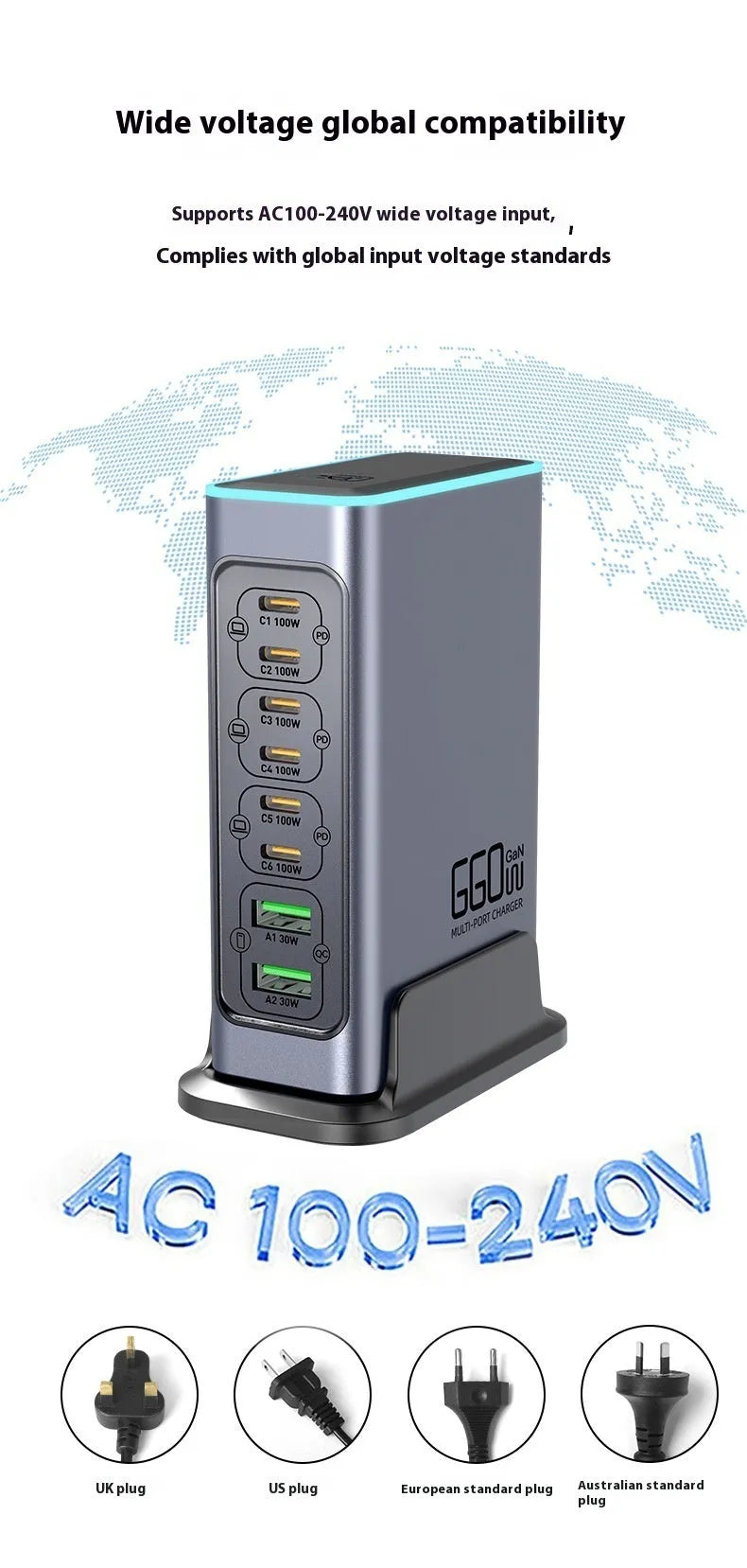660W gallium nitride desktop charger with multiple Type-C ports and choice of regional plugs