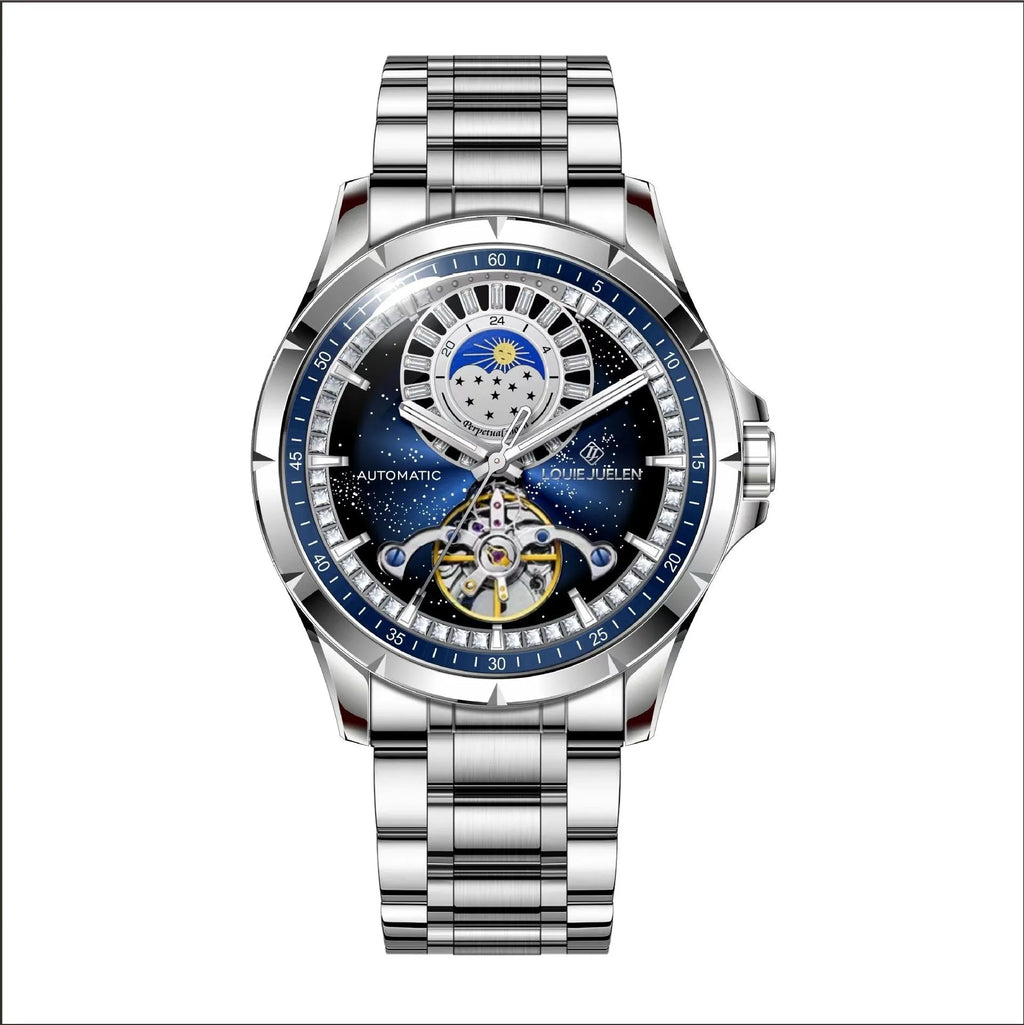 Men's silver and blue waterproof automatic mechanical watch with stainless steel strap