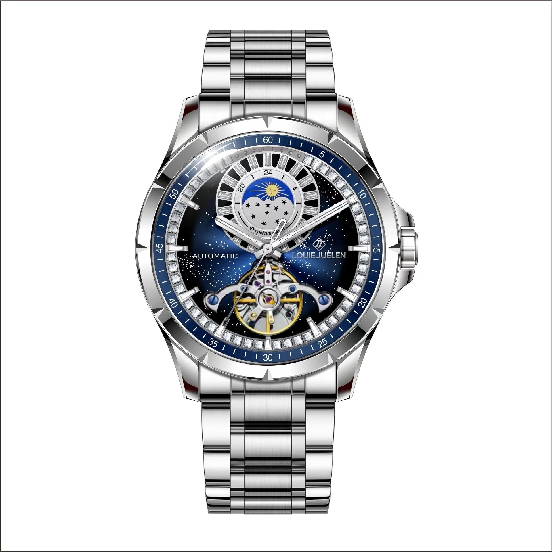 Men's silver and blue waterproof automatic mechanical watch with stainless steel strap
