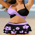 Purple high-waisted women's bikini swimsuit with lace-up detail and split skirt, showing backless design