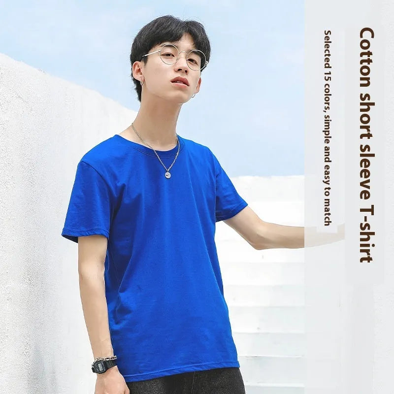 Men's solid colour cotton round neck T-shirt on hanger showing short sleeve casual design