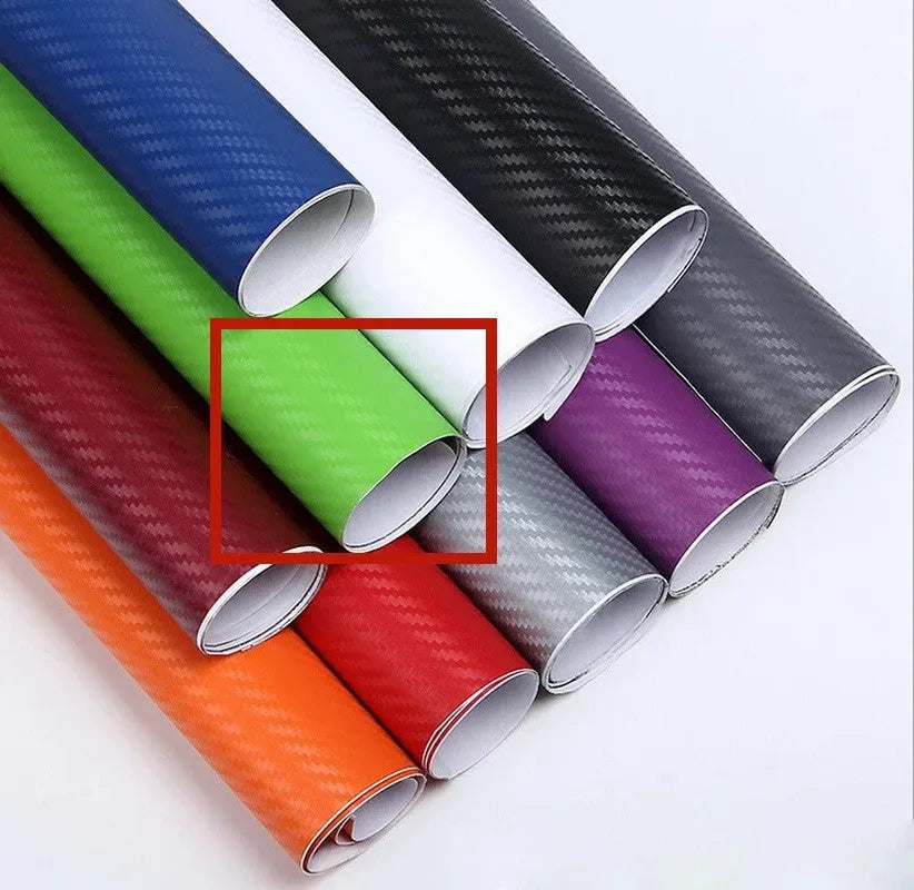 3D carbon fibre car stickers in eight colours including black, silver, blue on 30x127cm sheet