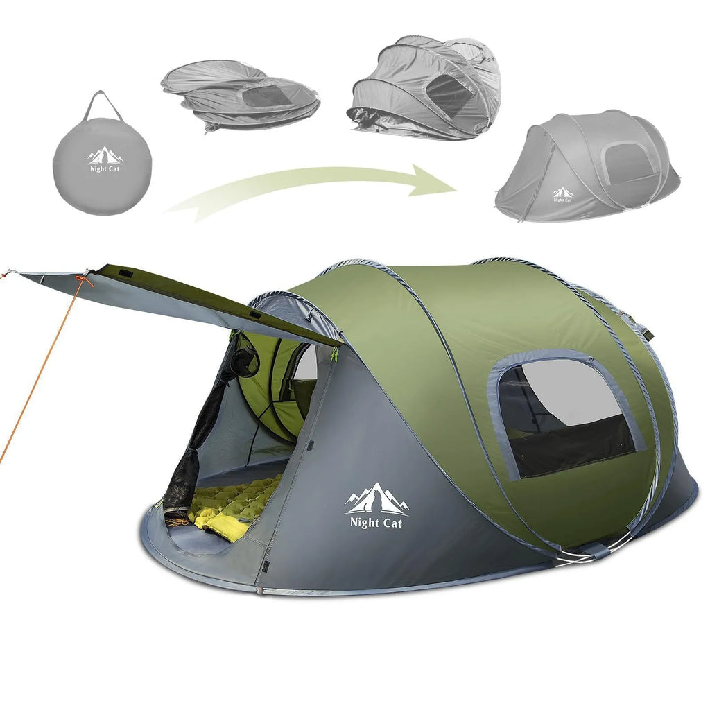 Dark green automatic pop-up camping tent with silver rainfly showing compact two-person dimensions