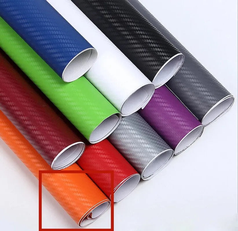 3D carbon fibre car stickers in eight colours including black, silver, blue on 30x127cm sheet