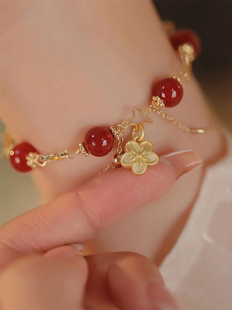 Red agate double layer bracelet with floral motifs for women's ethnic jewellery
