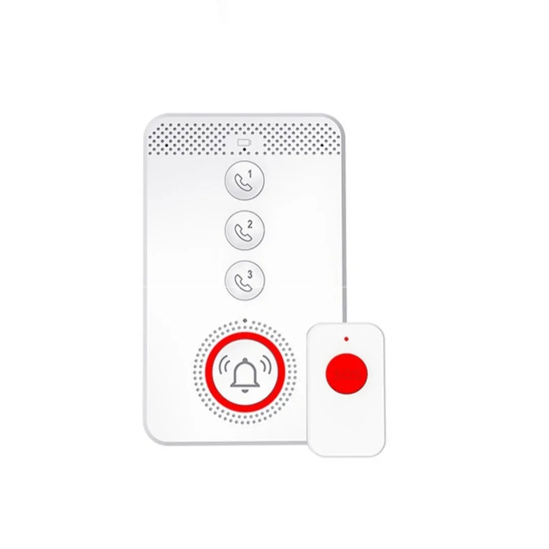White one-click voice emergency alert device with a central buzzer unit and three separate wireless call buttons.
