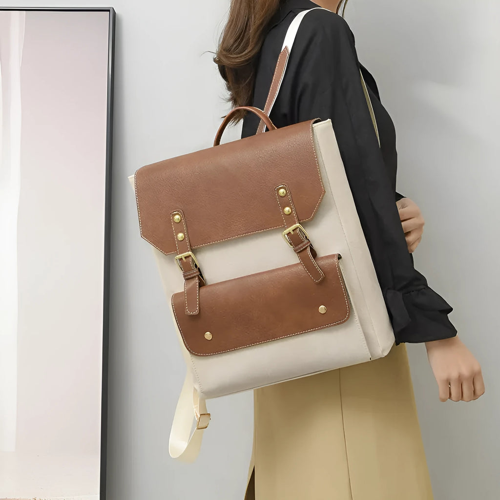 Korean style retro simple backpack in soft PU leather, shown in one of four colour options.