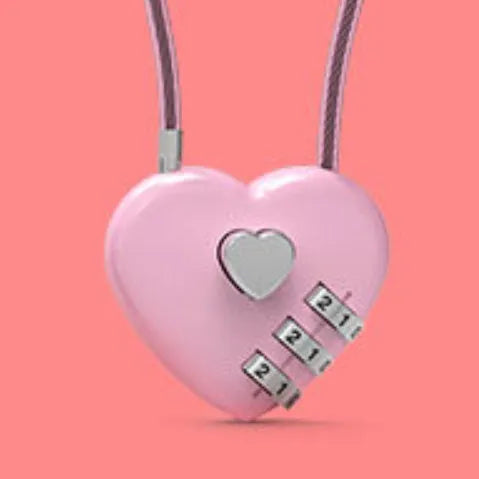 Peach heart design wire rope cable lock in red with steel rope, shown securing a bicycle helmet.