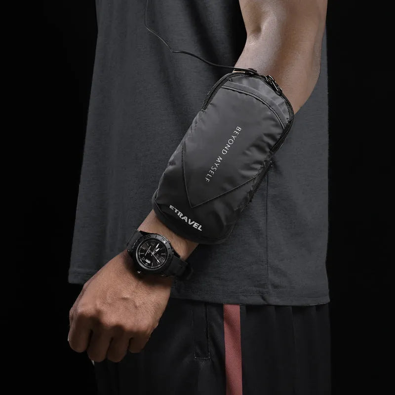 Reflective running arm bag with adjustable strap in fluorescent yellow, black, or silver grey.