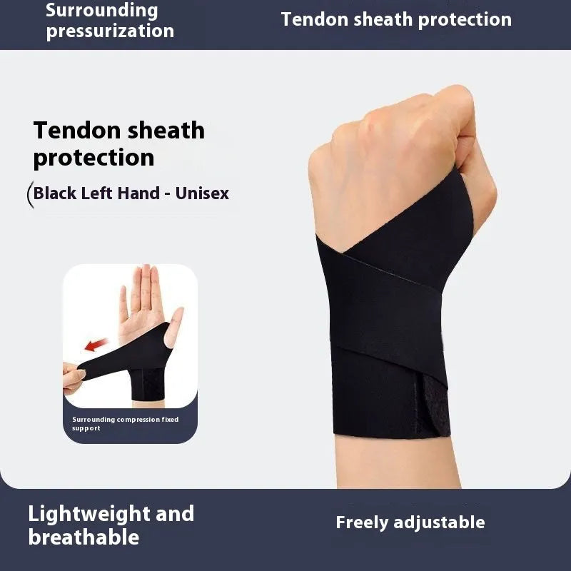 A pair of adjustable athletic wristguards in black, shown on a wrist.