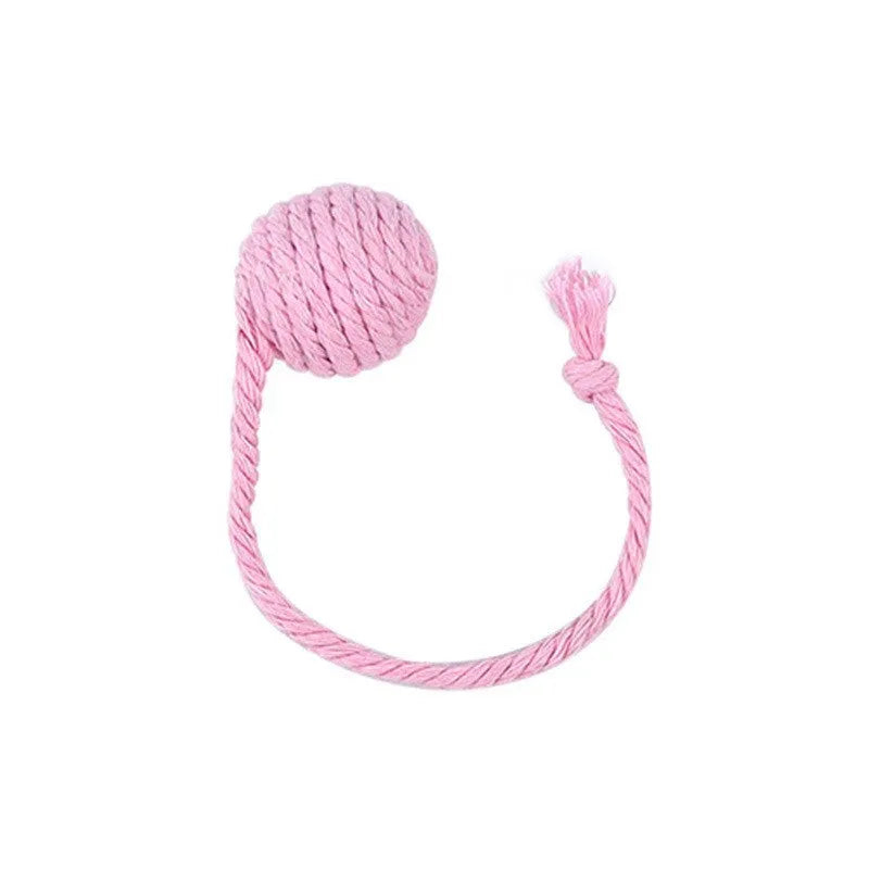 Colourful cat toy ball with rope attachment and internal bell for interactive kitten play