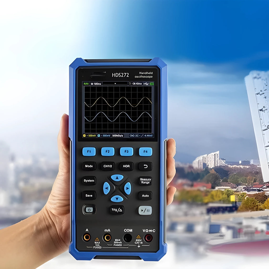 Handheld digital oscilloscope with probe and accessories for automotive diagnostics and electronics repair