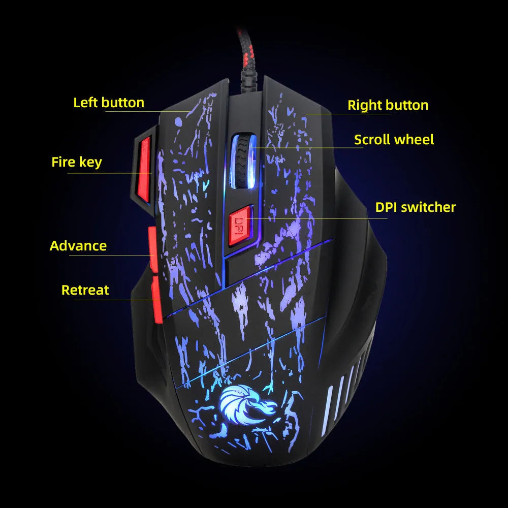 H300BK colour wired gaming mouse with luminous lighting effects on desktop