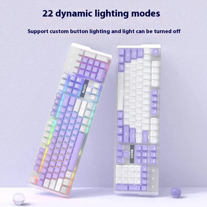 White and purple mechanical keyboard and mouse set with RGB backlight and gaming headset