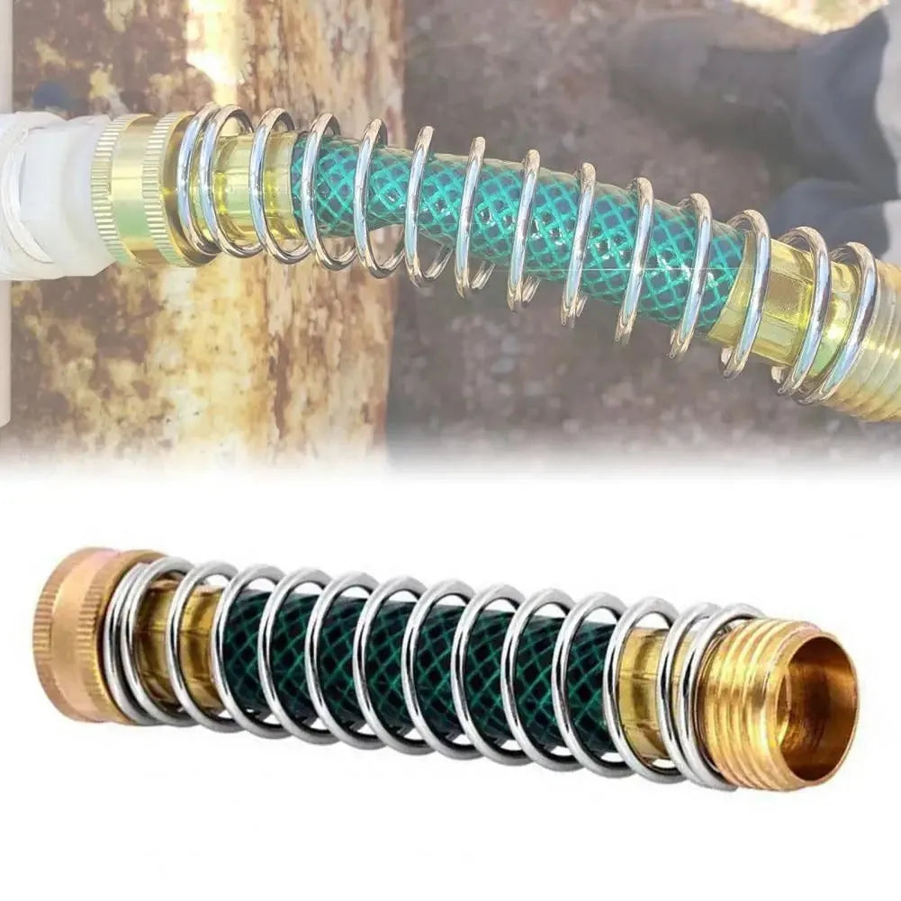 Garden hose spring connector with brass threaded joints and spiral spring mechanism