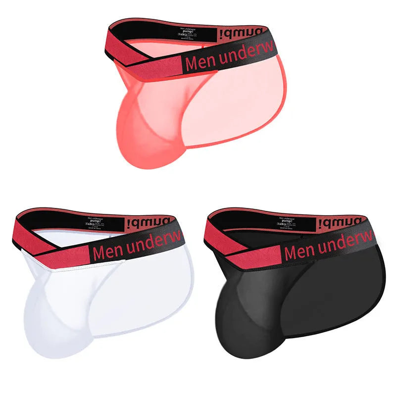 Men's transparent ice silk briefs with large V design in red, black or white colours