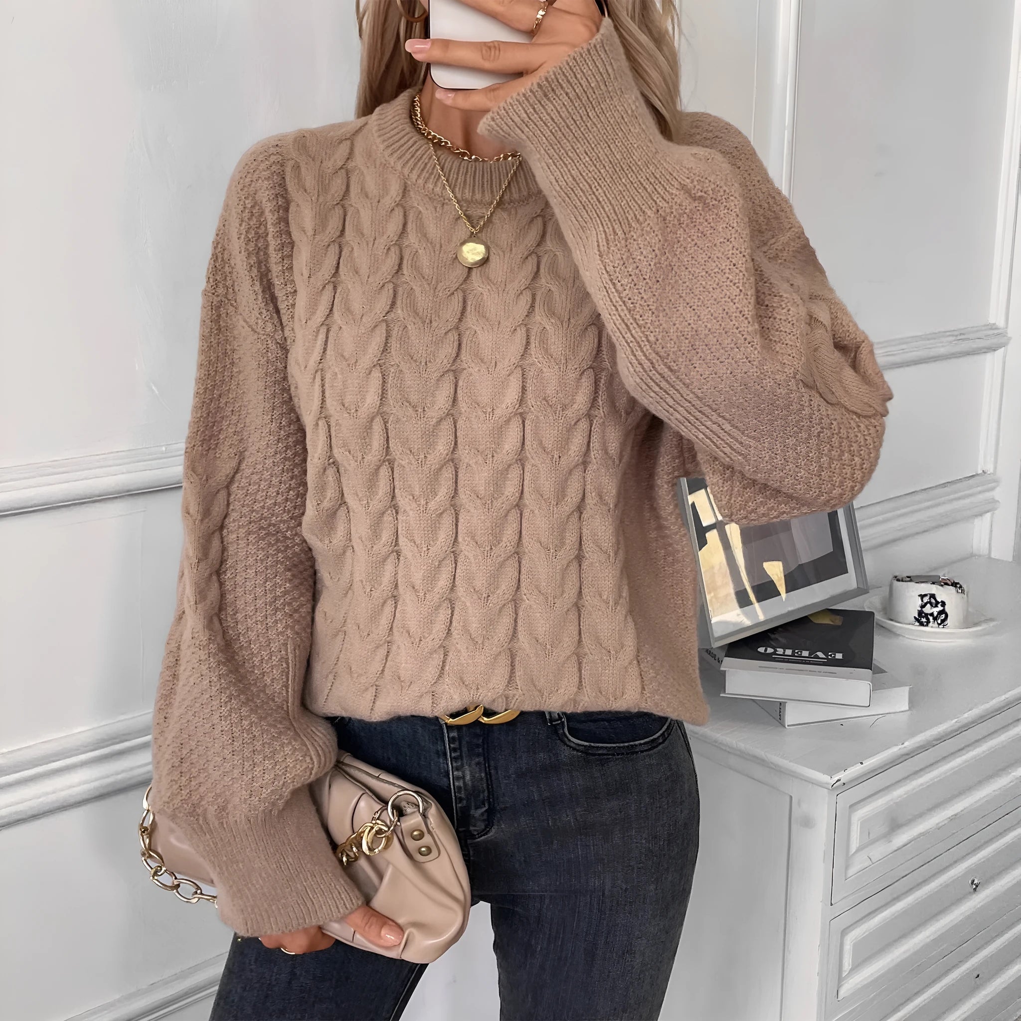 Women's khaki pullover sweater with twist design detail and round neck