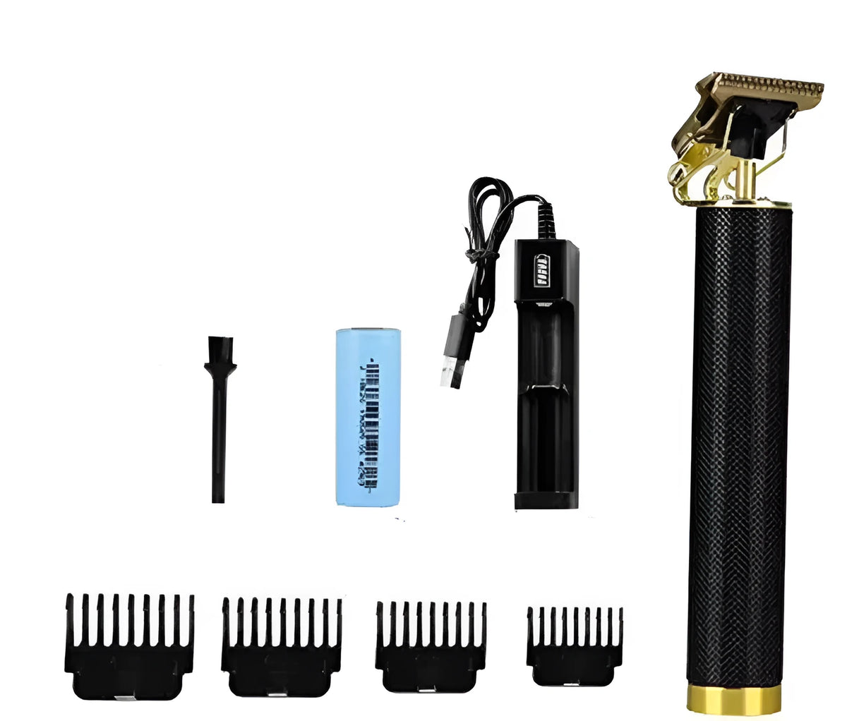Black USB rechargeable electric hair clipper with gold steel blades and four comb attachments