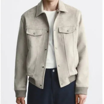 A long-sleeve suede velvet commuter jacket in British style, shown in Mink and Light Grey colour options.