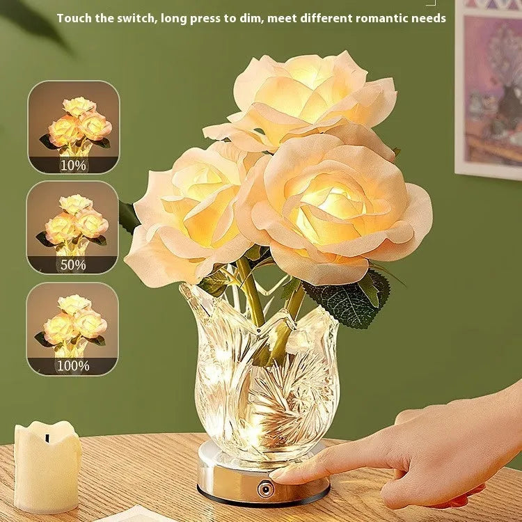 Modern Crystal Flowers rechargeable touch-control dimmable bedside table lamp with USB cable.