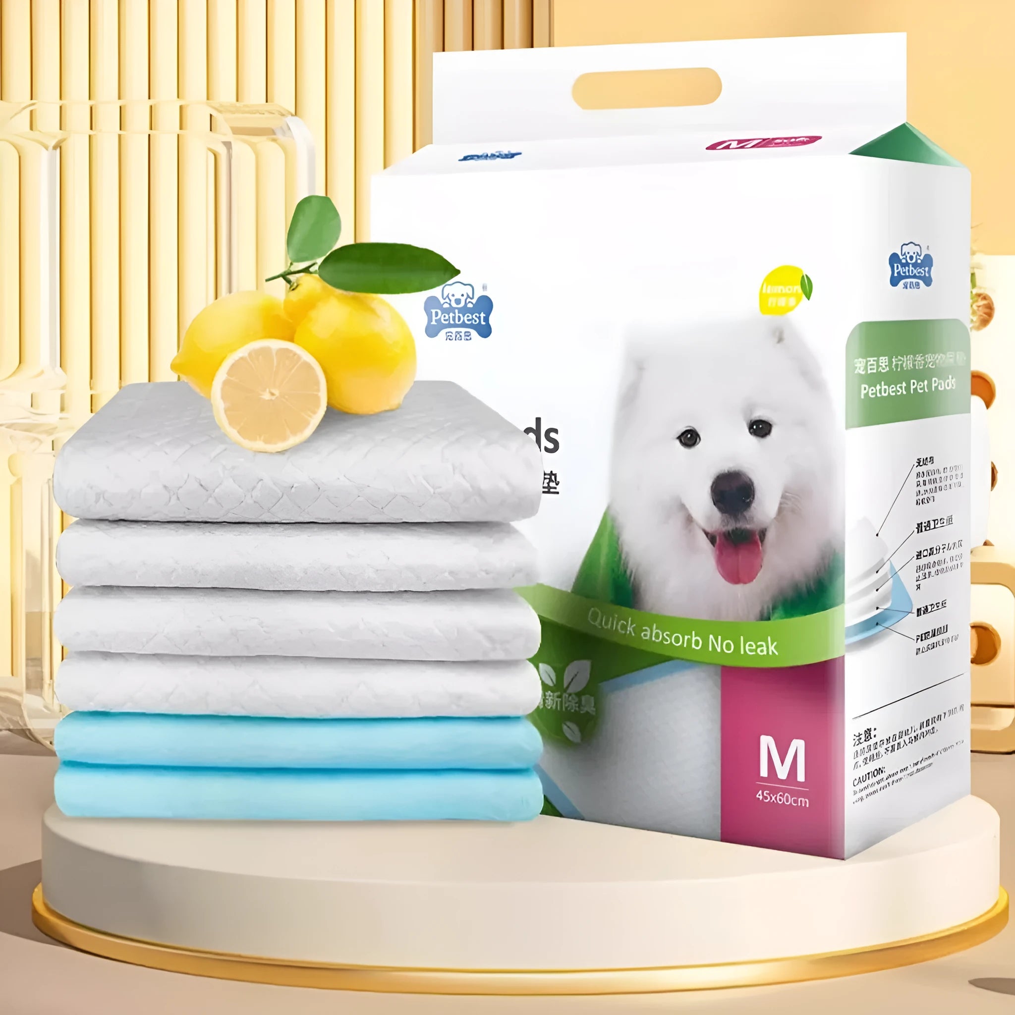 Pack of thickened disposable dog urine pads showing adhesive backing and size options
