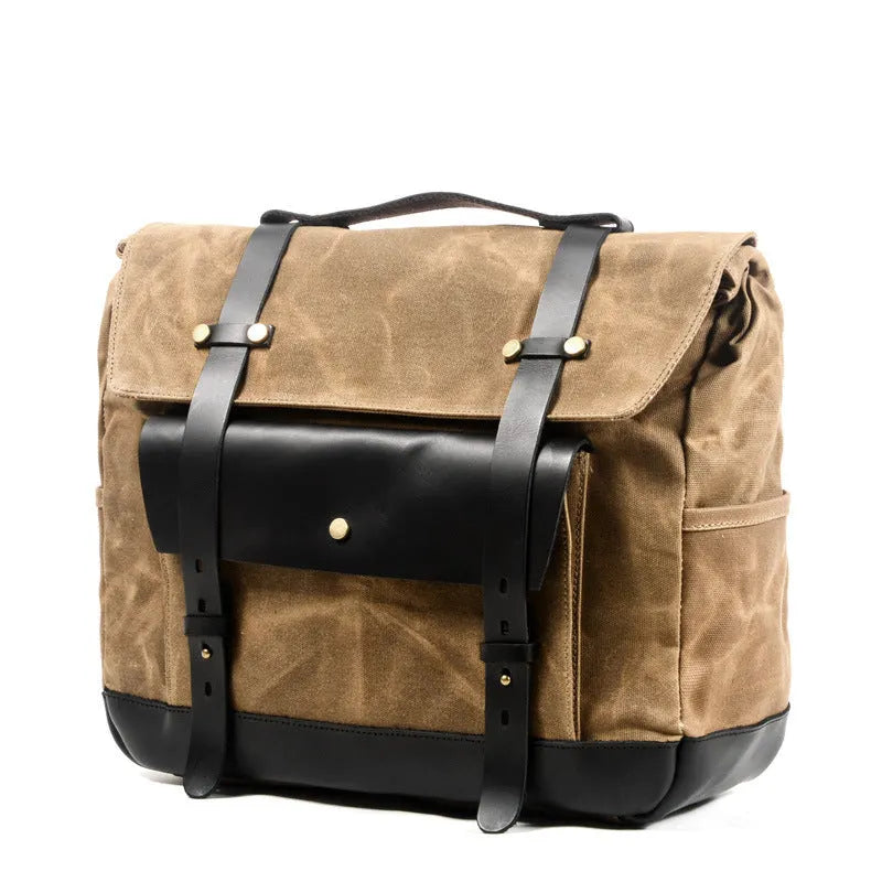 Camel Bag Knight cotton motorcycle helmet messenger bag with rivet details and internal organiser pockets.