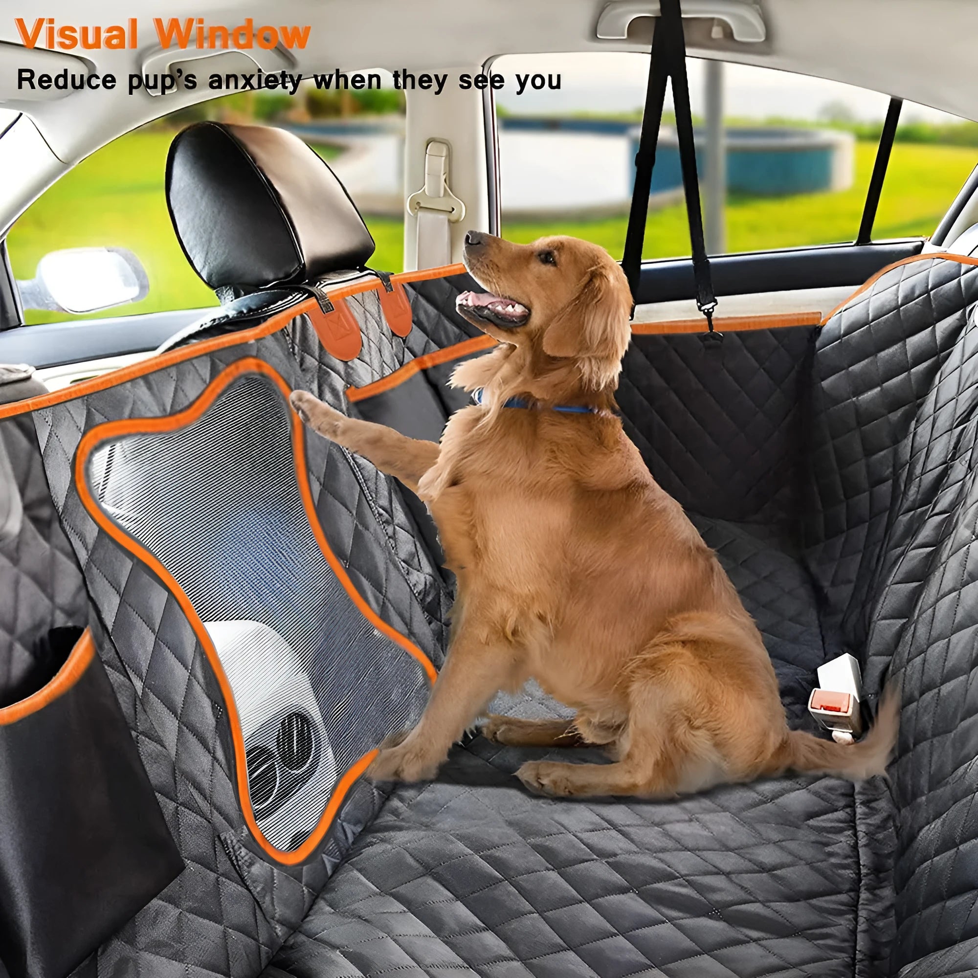 Black orange edge waterproof pet car mat with mesh window and accessory pocket