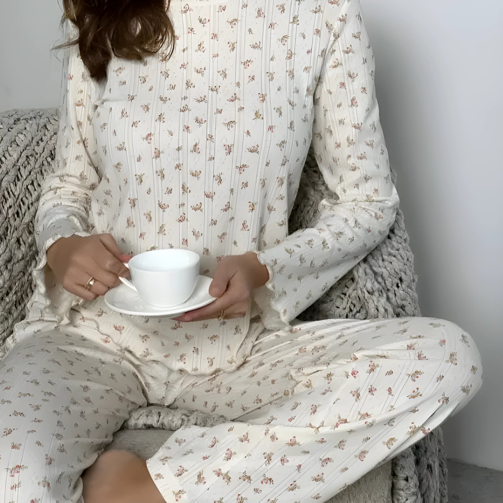 Women's white floral print bell sleeve top and wide leg pants loungewear set