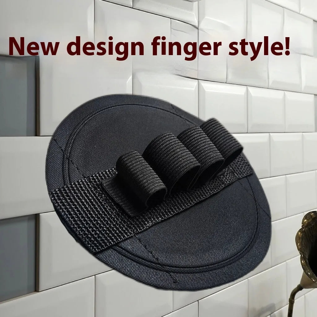 Women's rubber fingertip bath gadget with round cake lace or finger strap design and included towel