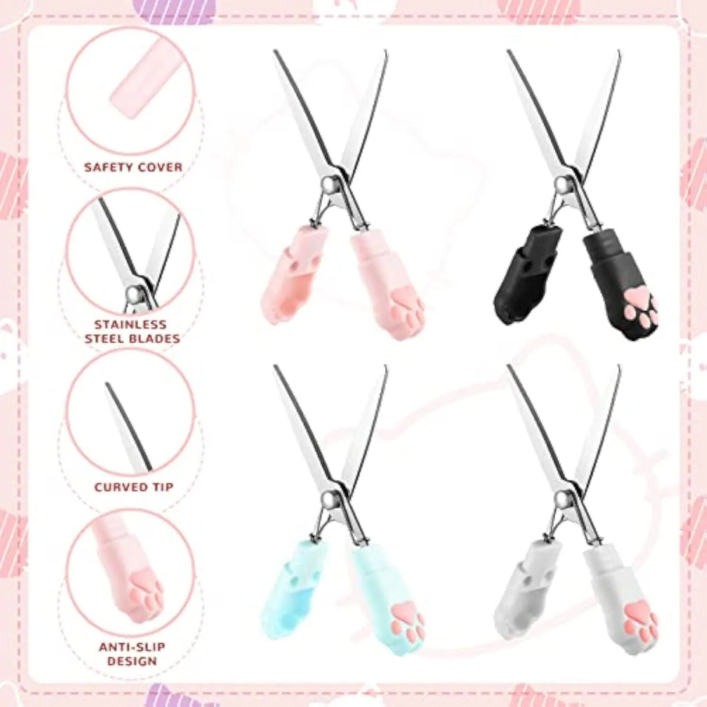 Set of four mini folding scissors with cat paw design in black, blue, pink, and white colours.