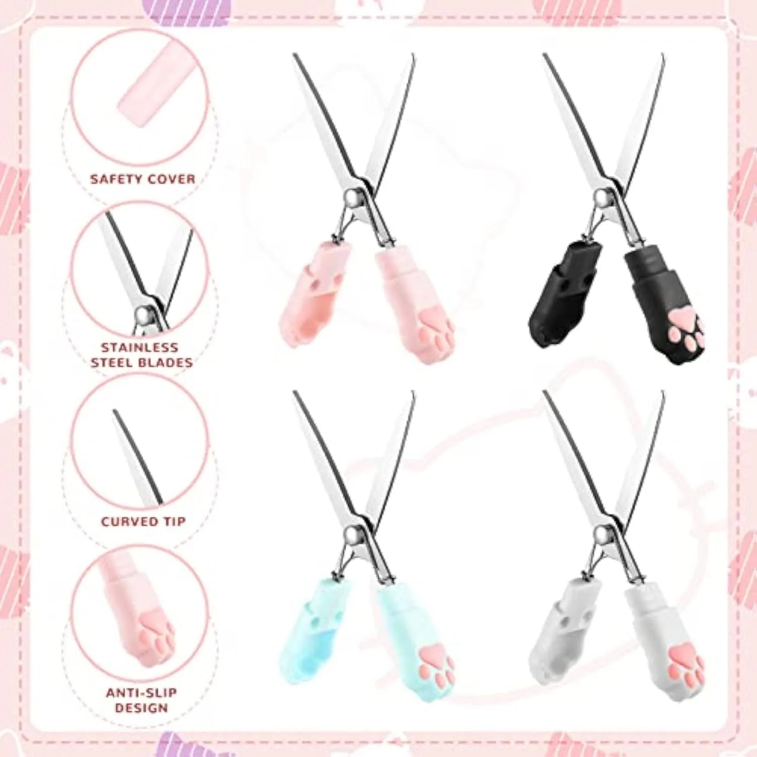 Set of four mini folding scissors with cat paw design in black, blue, pink, and white colours.