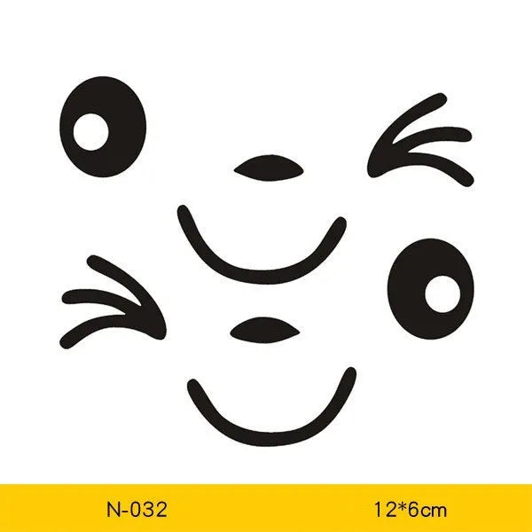 A pair of reflective cartoon car eye stickers on a vehicle body.