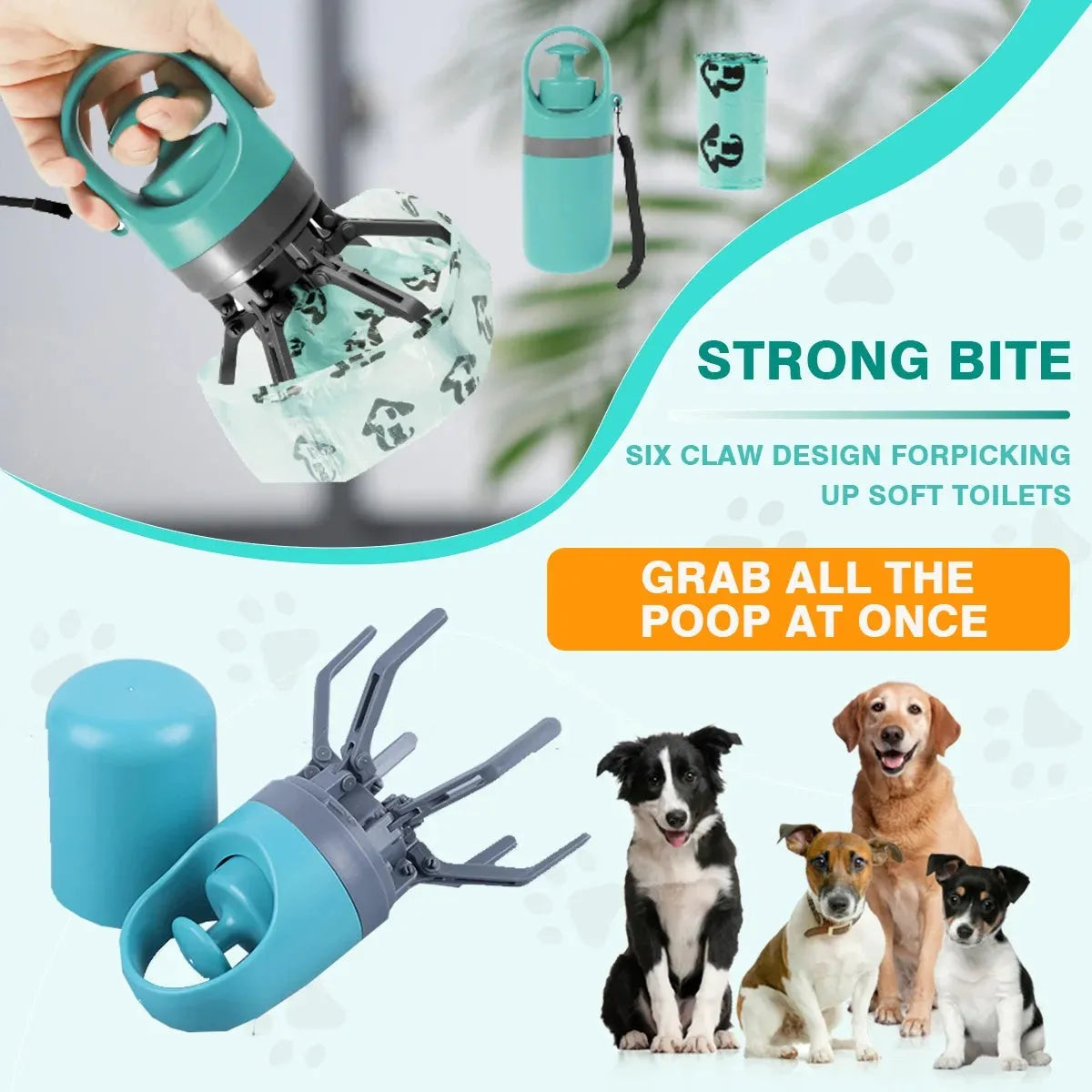 Blue and orange pet pooper scooper with claw mechanism and bag dispenser