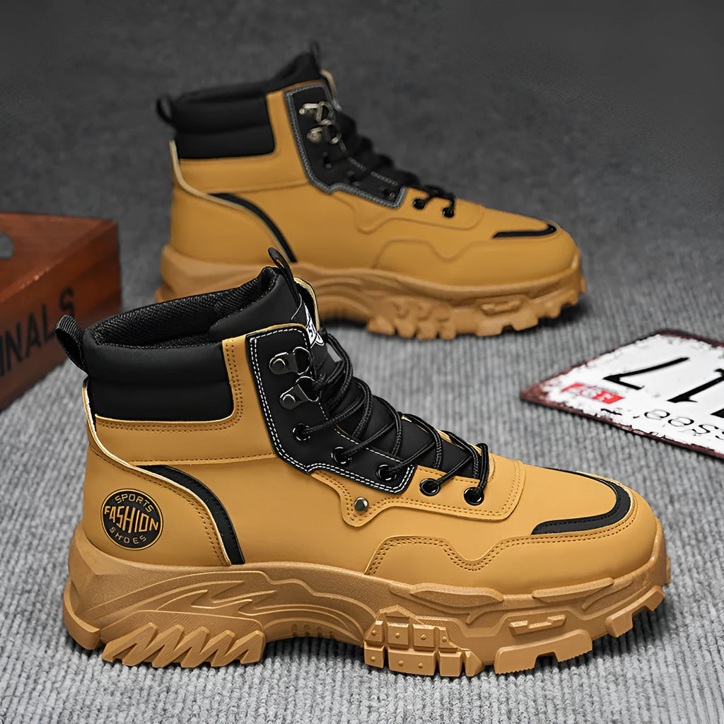Men's mid-heel Martin boots in black or yellow with artificial PU upper and injection moulded sole