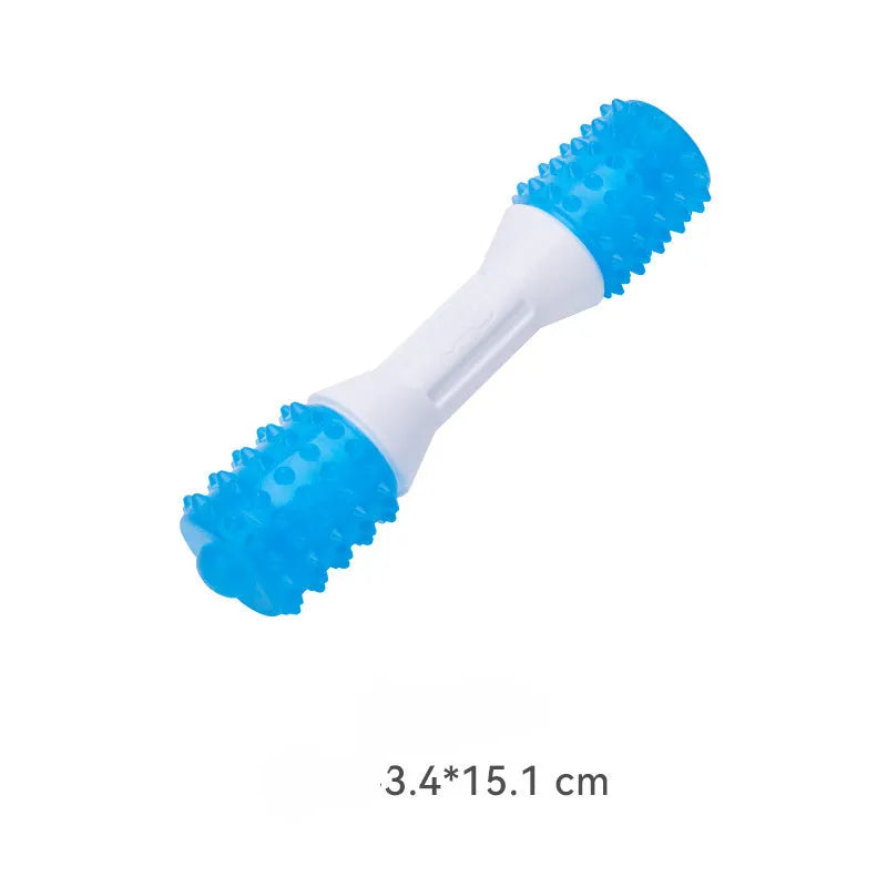 Dual-colour dog chew toy for teething puppies, shown in small, medium, and large sizes.