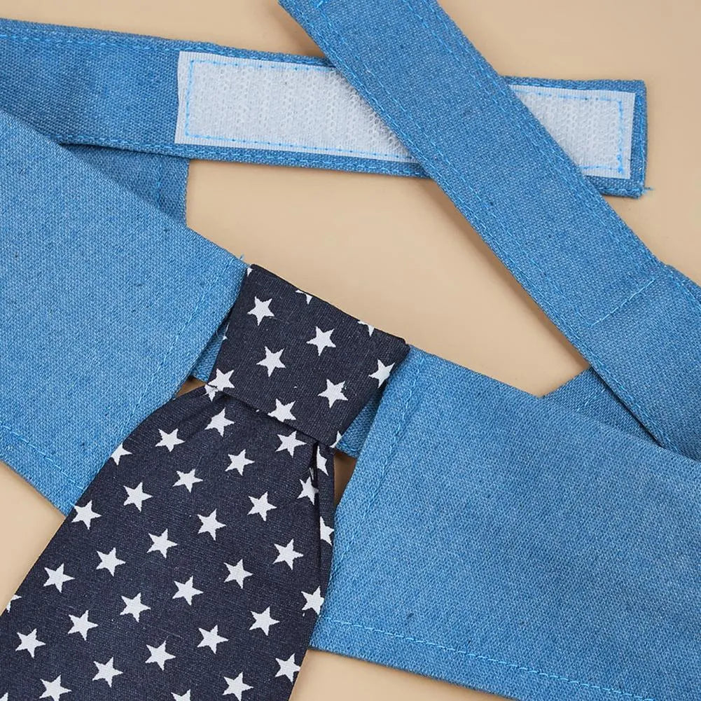 Denim dog collar with star pattern necktie adjustable for formal pet events