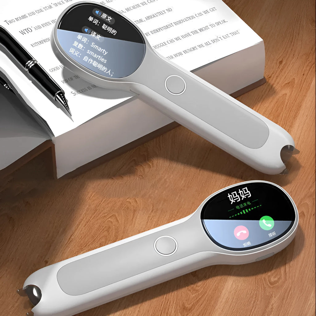 White Universal Reading Pen for English learning and translation with USB charging cable.