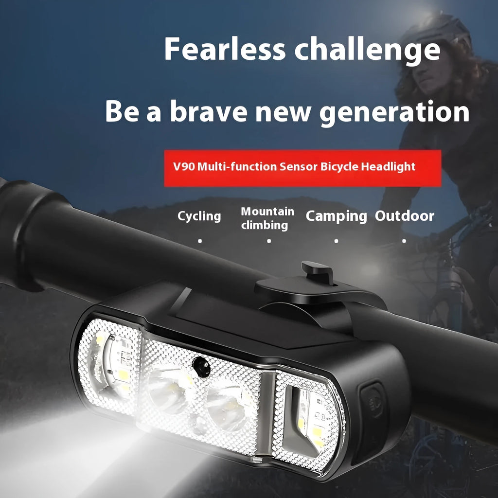 Black bicycle headlight with 350 lumen LED, rechargeable battery, and wave induction controls