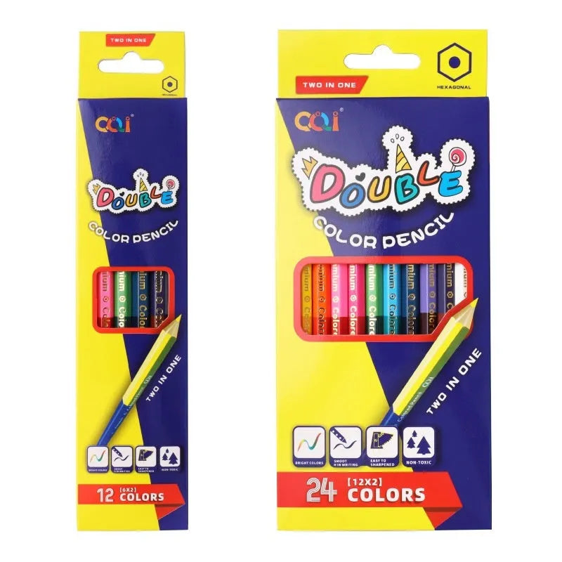 Wooden double-head colour pencil set for drawing, showing 12-piece and 6-piece configuration options.