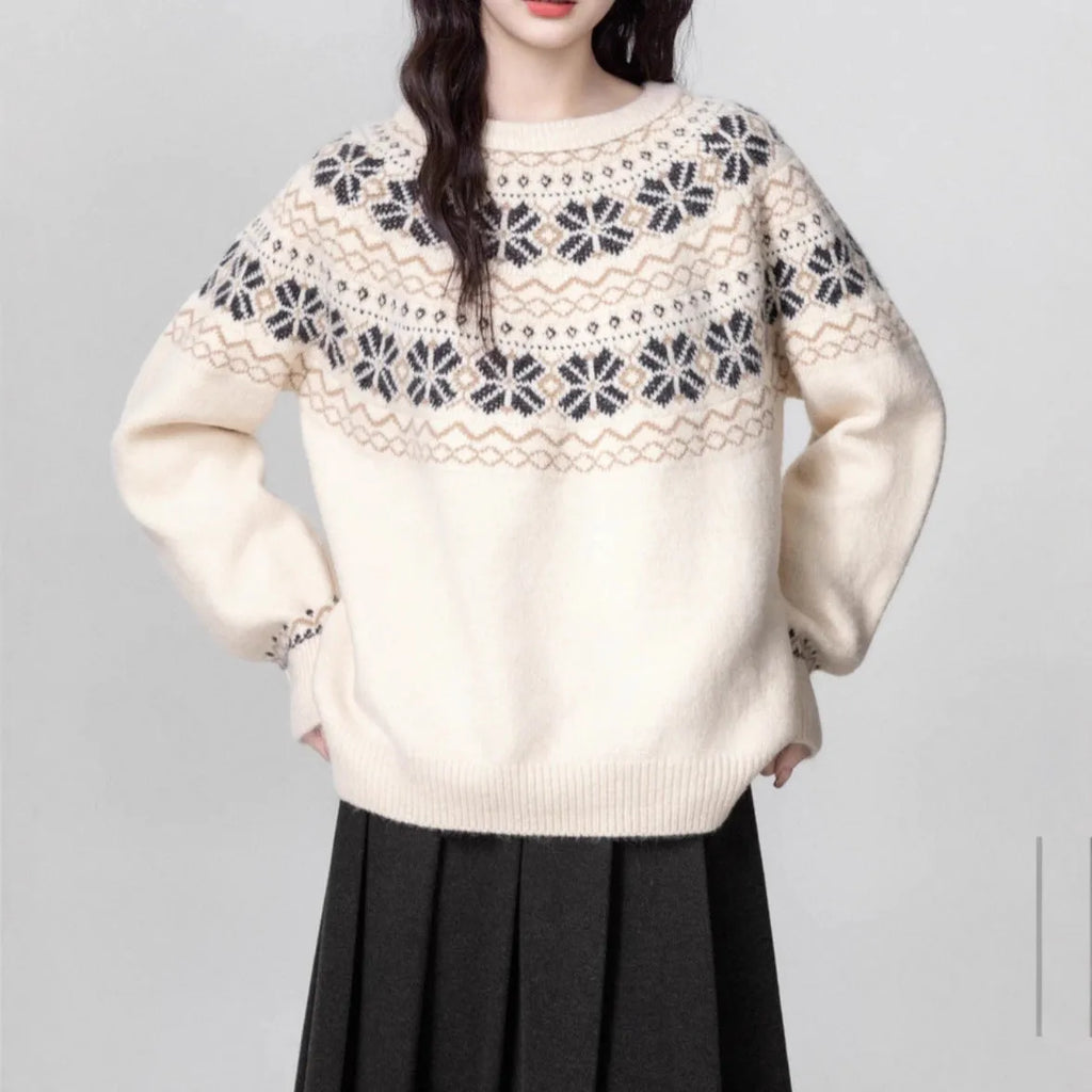 Women's milky white Fair Isle patterned pullover sweater with geometric design and crew neck.