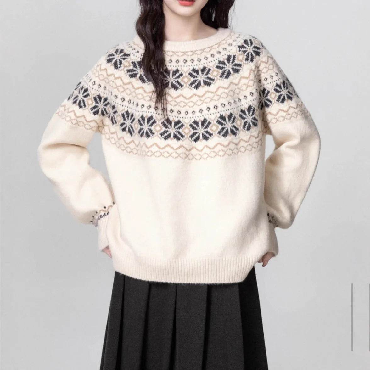 Women's milky white Fair Isle patterned pullover sweater with geometric design and crew neck.