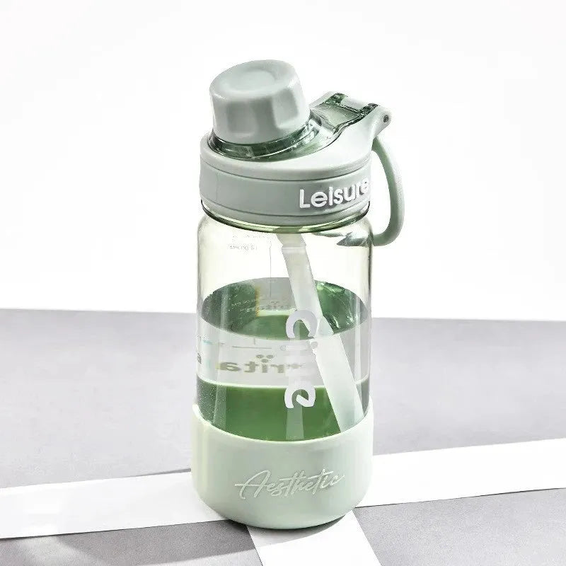 Grey cartoon-pattern heat-resistant plastic cup with a straw in 1000ml size