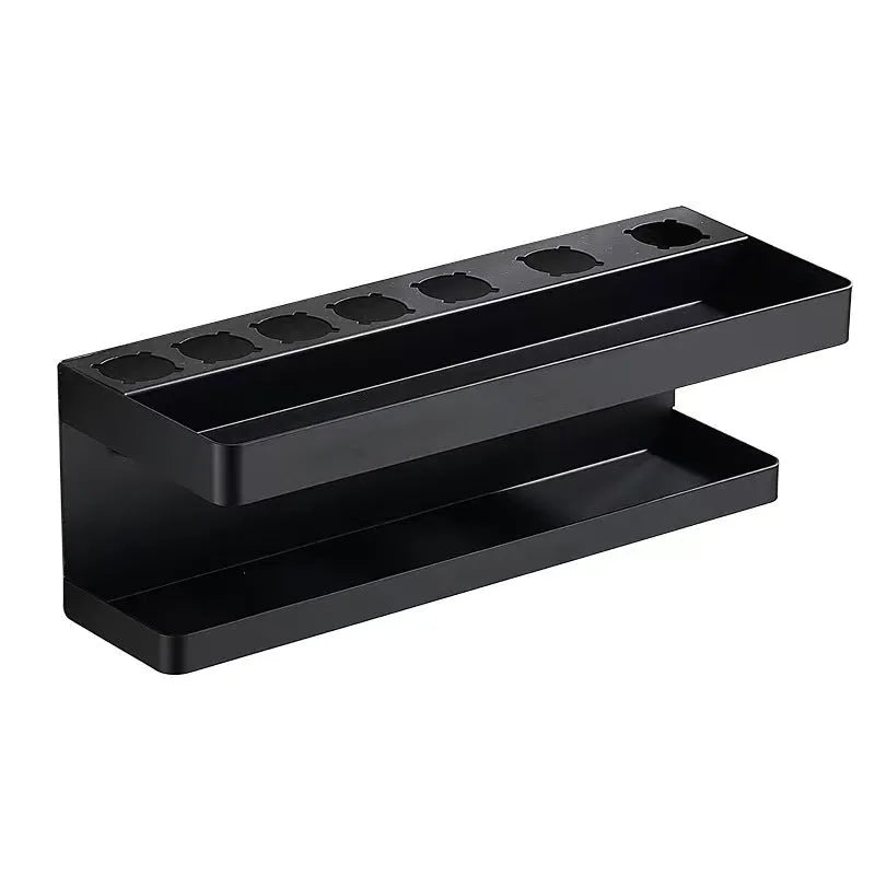 White double-layer aluminium punch-free storage rack holding Marcel Wavers on a bathroom wall.