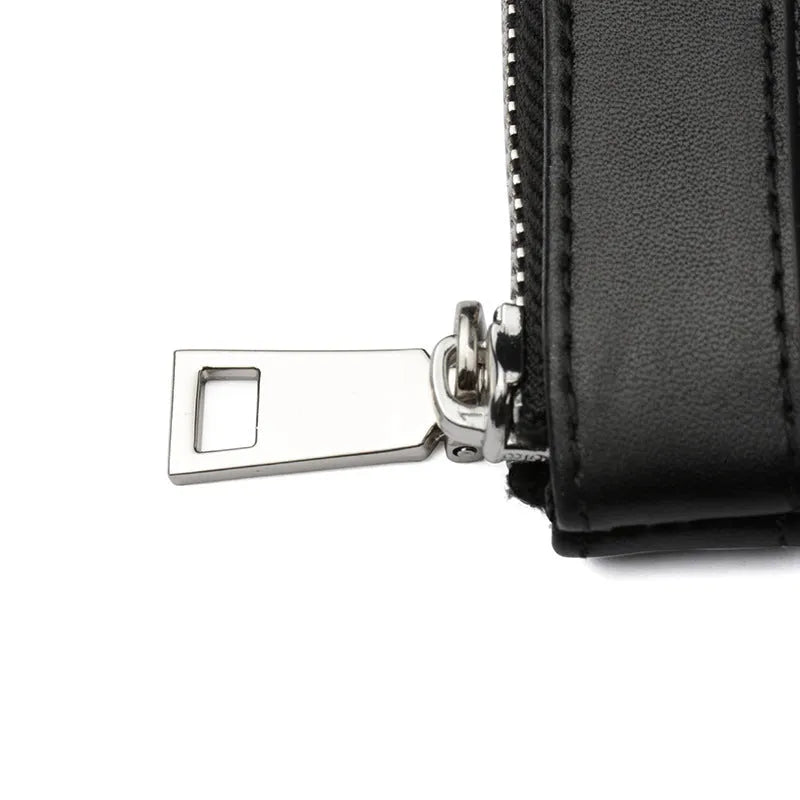 Black leather plaid men's clutch wallet showing first layer cowhide material and 20cm x 10cm dimensions