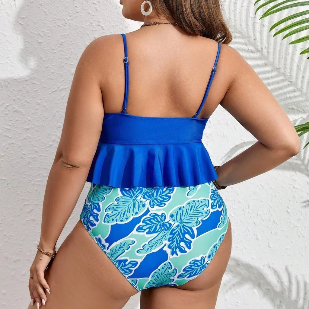 Blue polyester bikini set with briefs-style shorts available in extended sizes