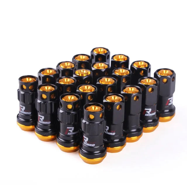Set of aluminium alloy flat head wheel hub nuts in various colours including red, gold, blue, purple, and black.