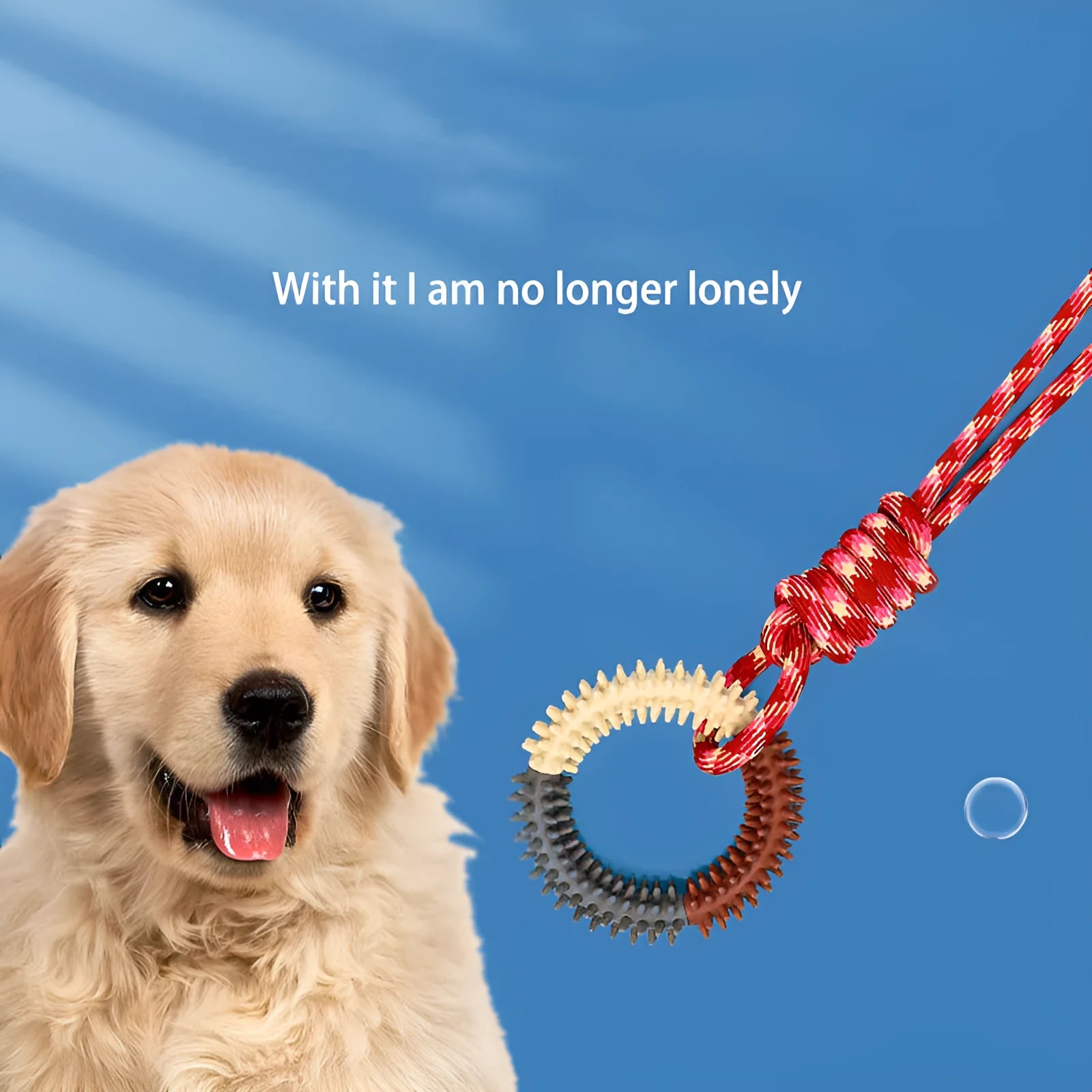 Bite resistant colourful braided rope dog toy with knots, measuring 43cm in length