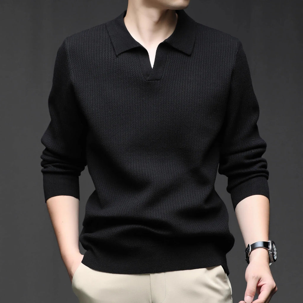 Men's loose fit casual pullover sweater in green, shown on a model.