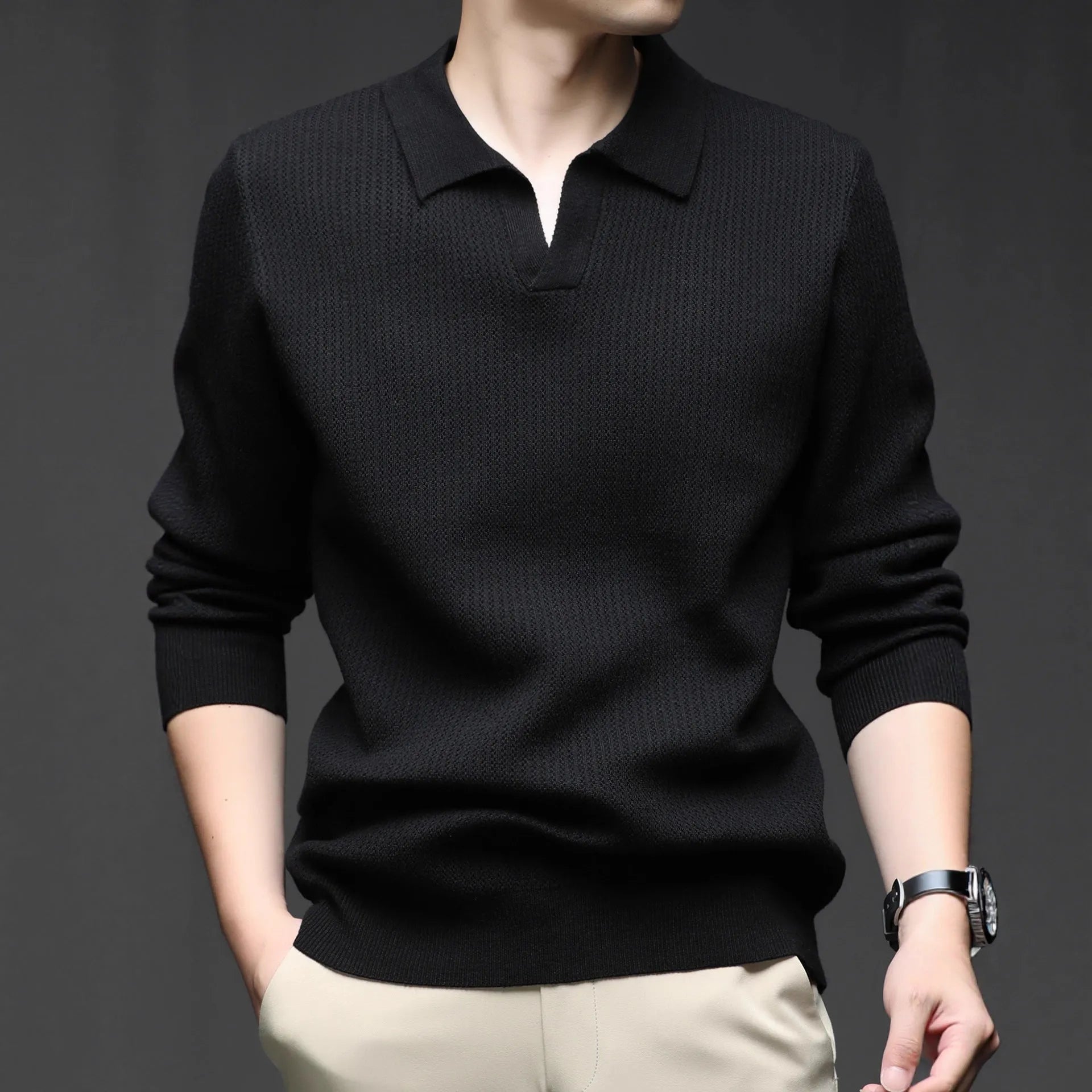 Men's loose fit casual pullover sweater in green, shown on a model.